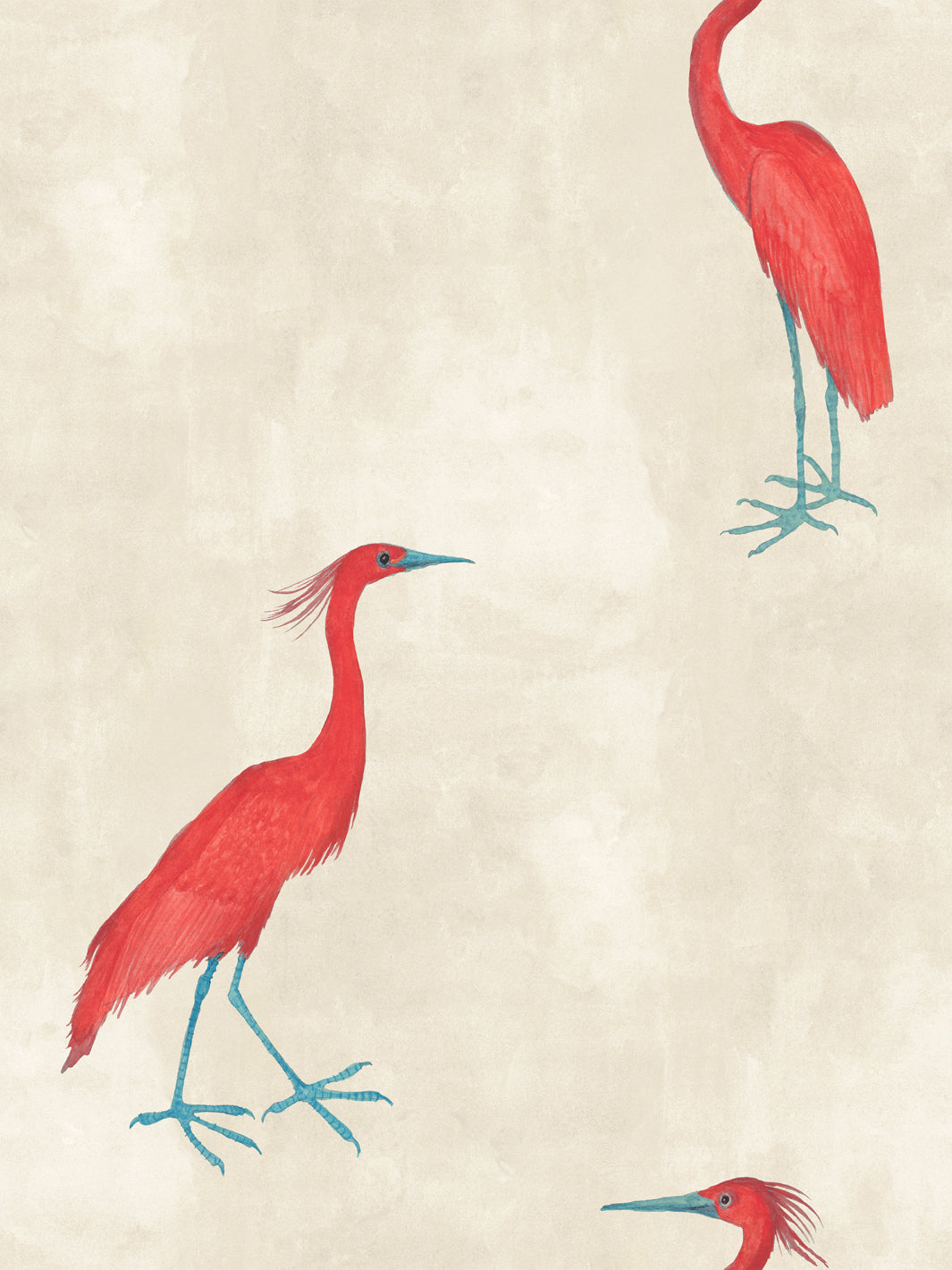 Red egret bird wallpaper pattern with red birds and teal legs on parchment background