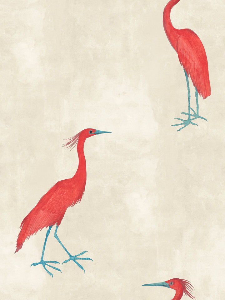 Red egret bird wallpaper pattern with red birds and teal legs on parchment background