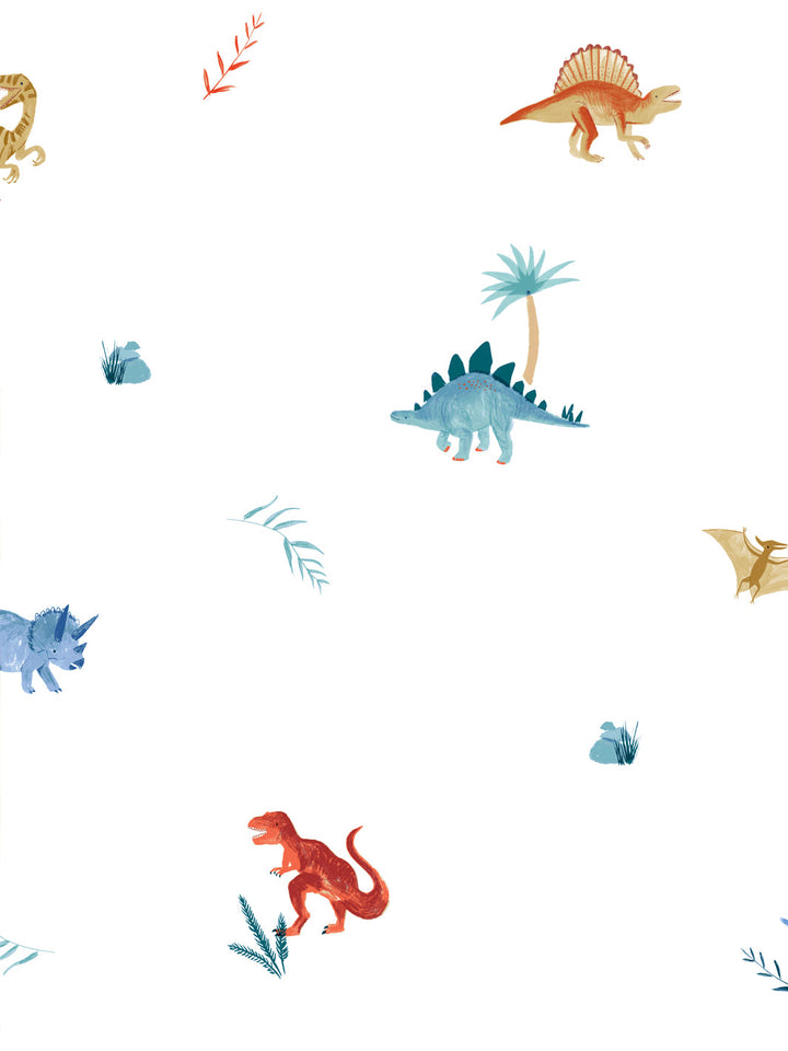 'Roaming Dinosaur' Wallpaper by Meri Meri - White