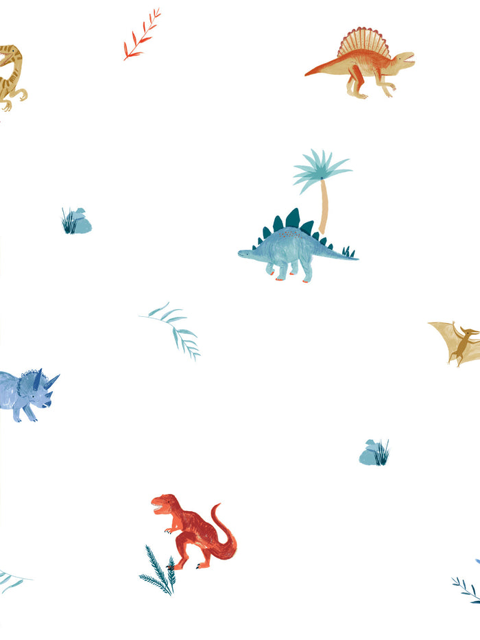 'Roaming Dinosaur' Wallpaper by Meri Meri - White