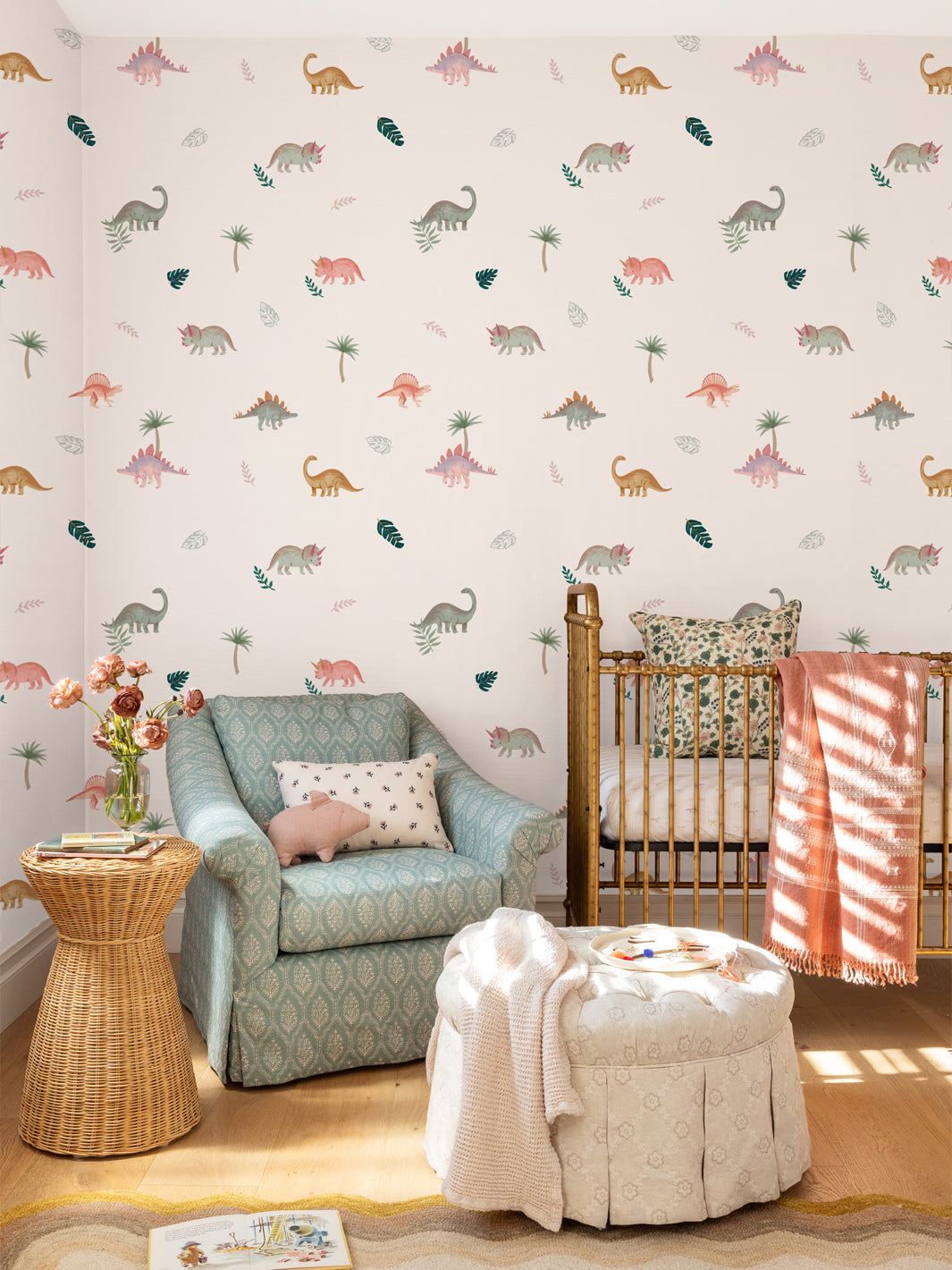 'Roaming Dinosaur' Wallpaper by Meri Meri - White