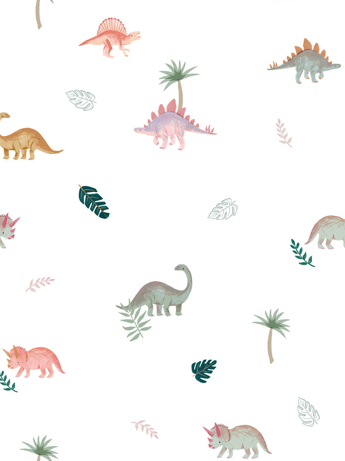 'Roaming Pastel Dinos' Wallpaper by Meri Meri - White
