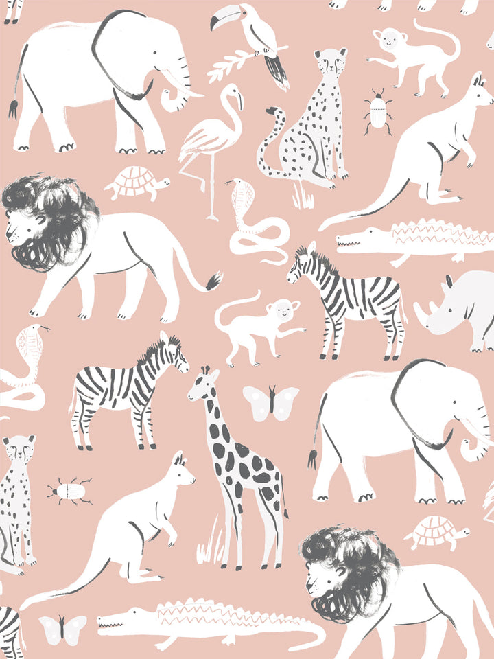 'Safari Animals' Wallpaper by Meri Meri - Dark Pink