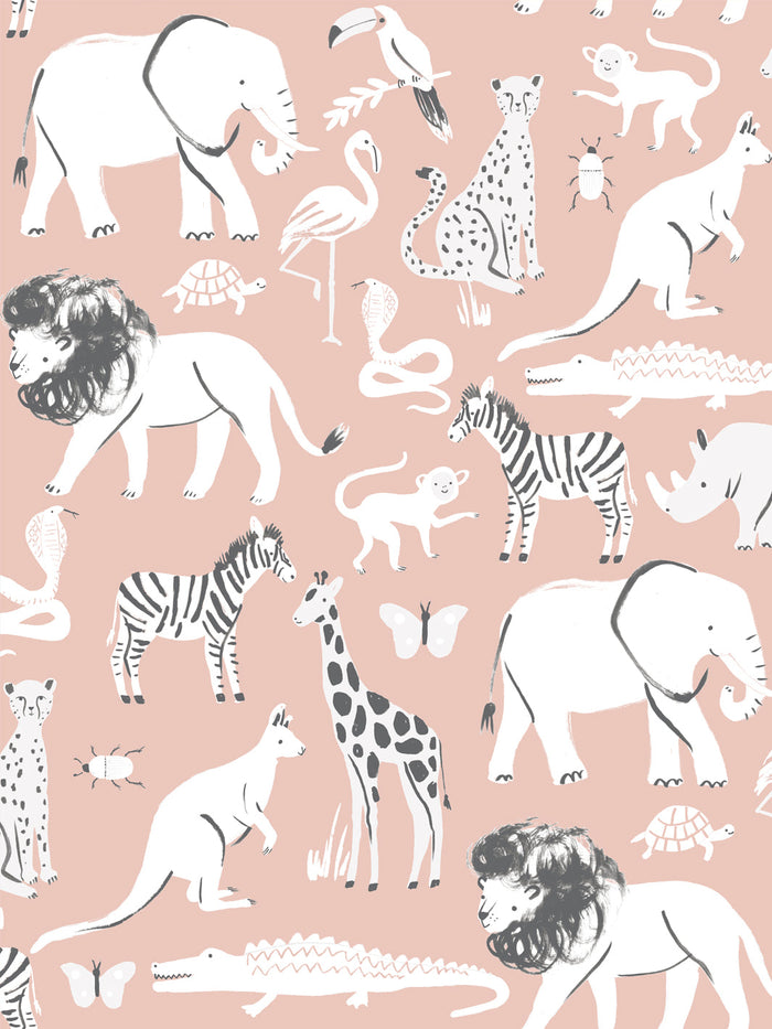 'Safari Animals' Wallpaper by Meri Meri - Dark Pink