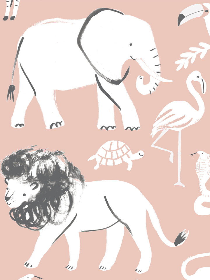 'Safari Animals' Wallpaper by Meri Meri - Dark Pink