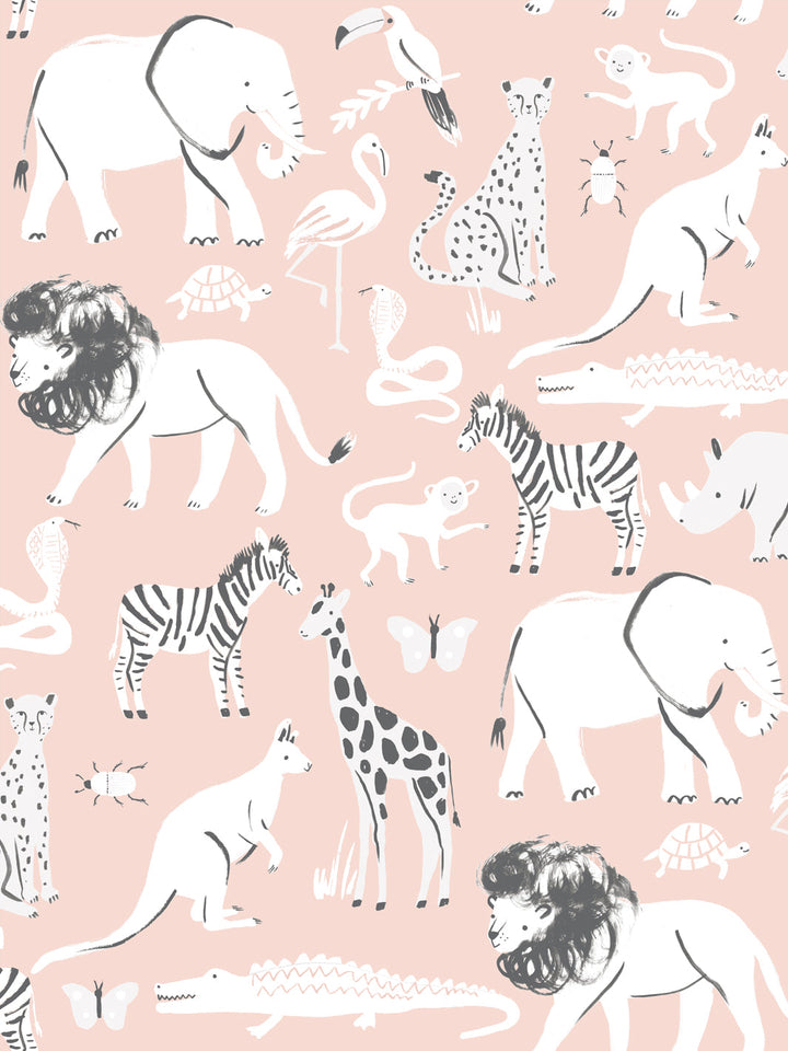 'Safari Animals' Wallpaper by Meri Meri - Light Pink
