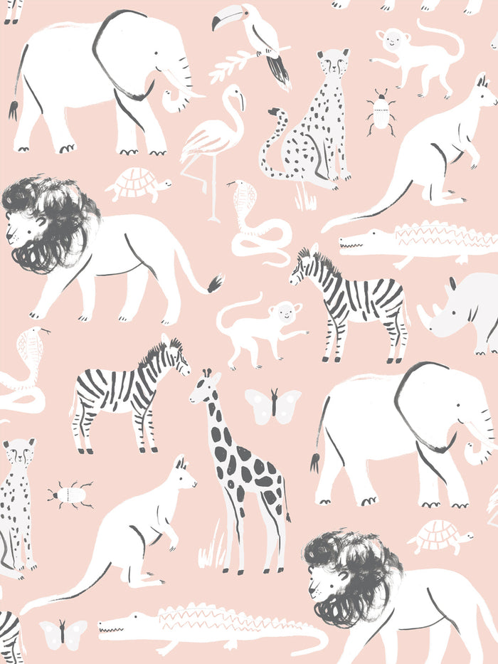 'Safari Animals' Wallpaper by Meri Meri - Light Pink