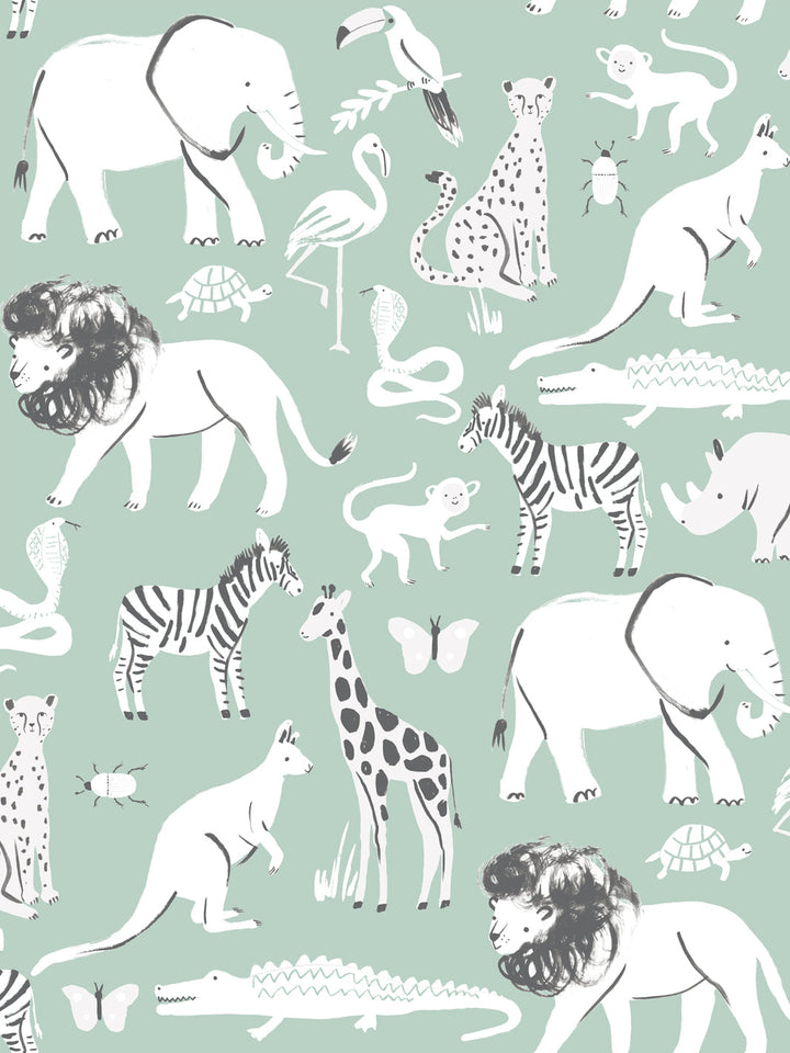 'Safari Animals' Wallpaper by Meri Meri - Mint