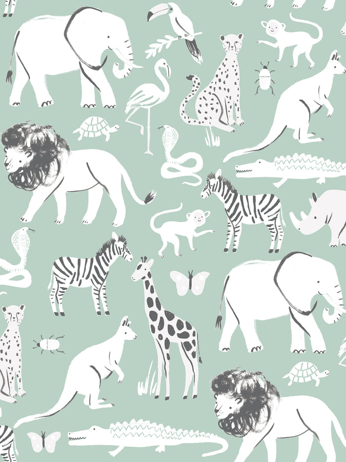 'Safari Animals' Wallpaper by Meri Meri - Mint