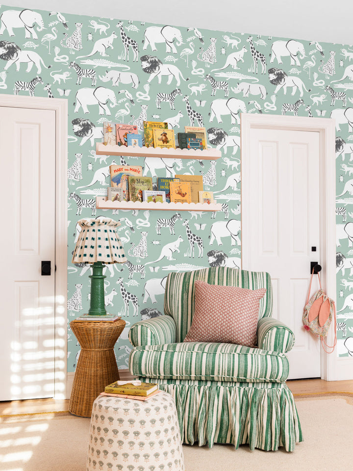 'Safari Animals' Wallpaper by Meri Meri - Mint