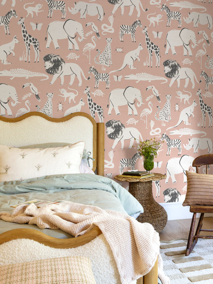 'Safari Animals' Wallpaper by Meri Meri - Dark Pink