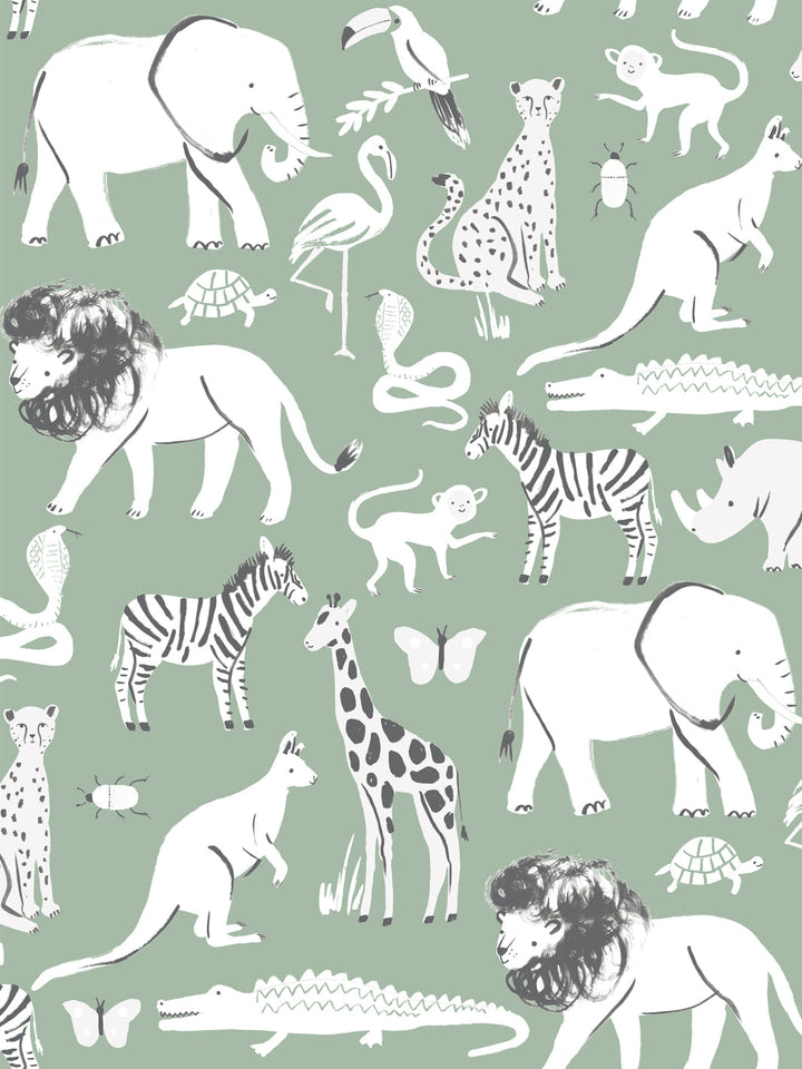 'Safari Animals' Wallpaper by Meri Meri - Sage
