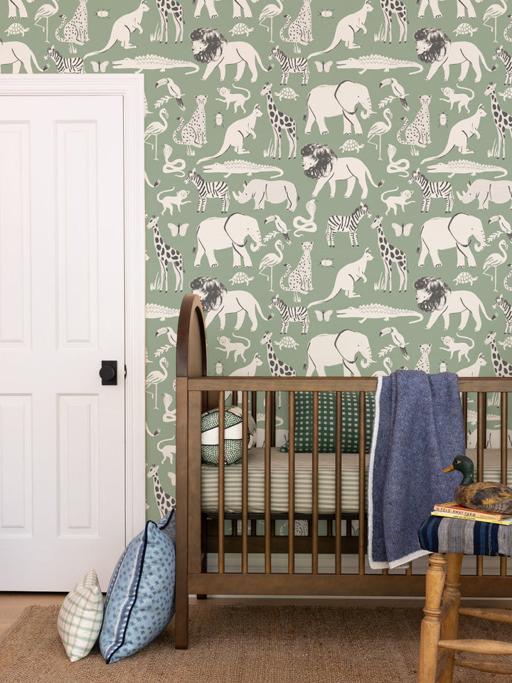'Safari Animals' Wallpaper by Meri Meri - Sage