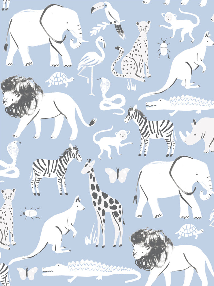 'Safari Animals' Wallpaper by Meri Meri - Slate Blue