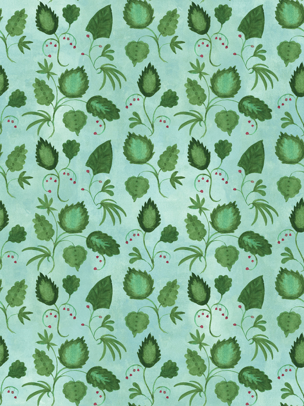 Aqua blue wallpaper with all-over green leaf and berry pattern