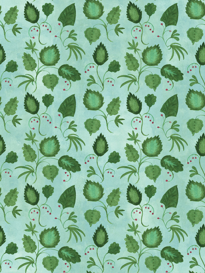 Aqua blue wallpaper with all-over green leaf and berry pattern