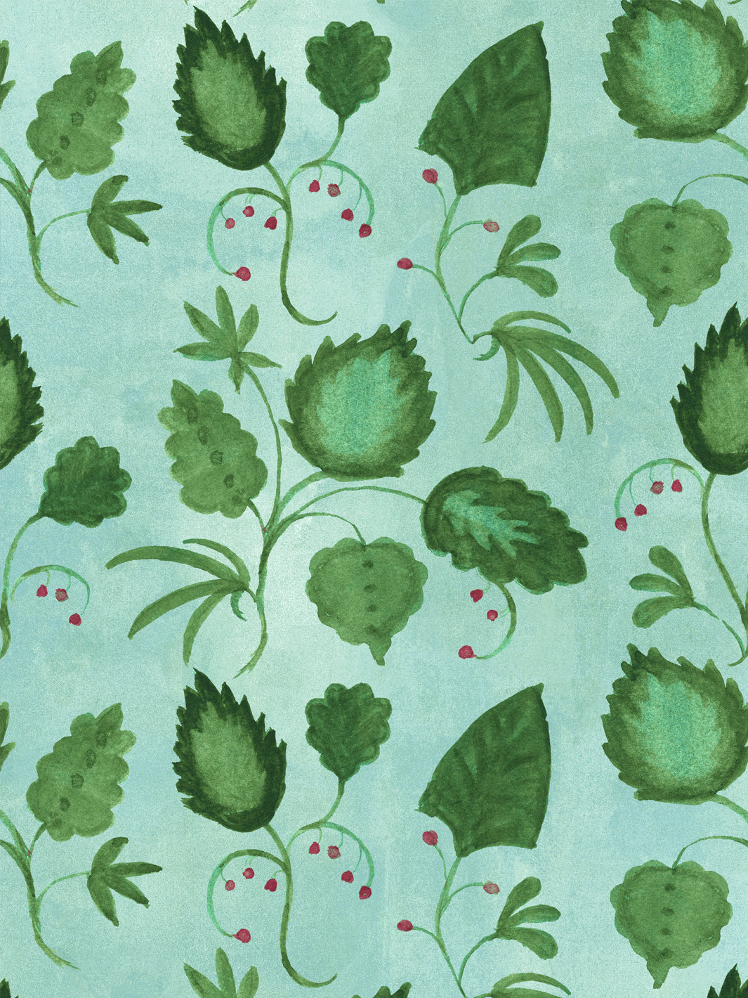 Aqua blue wallpaper with dense green foliage and red berry accents