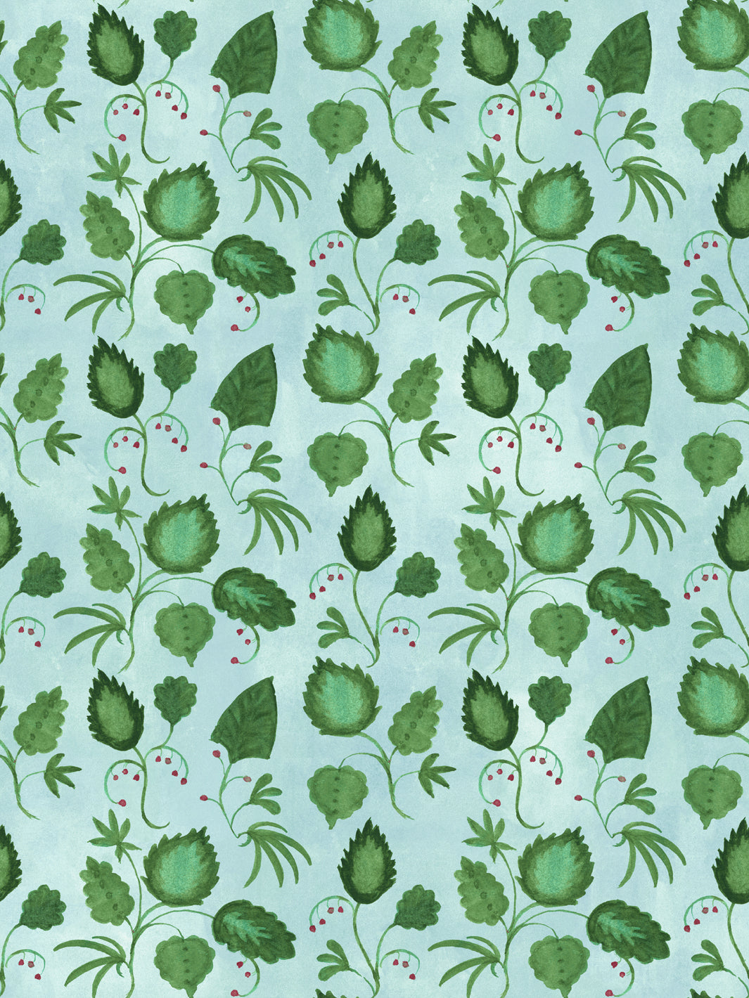 All-over greenery wallpaper with green leaves and red berry clusters on light background