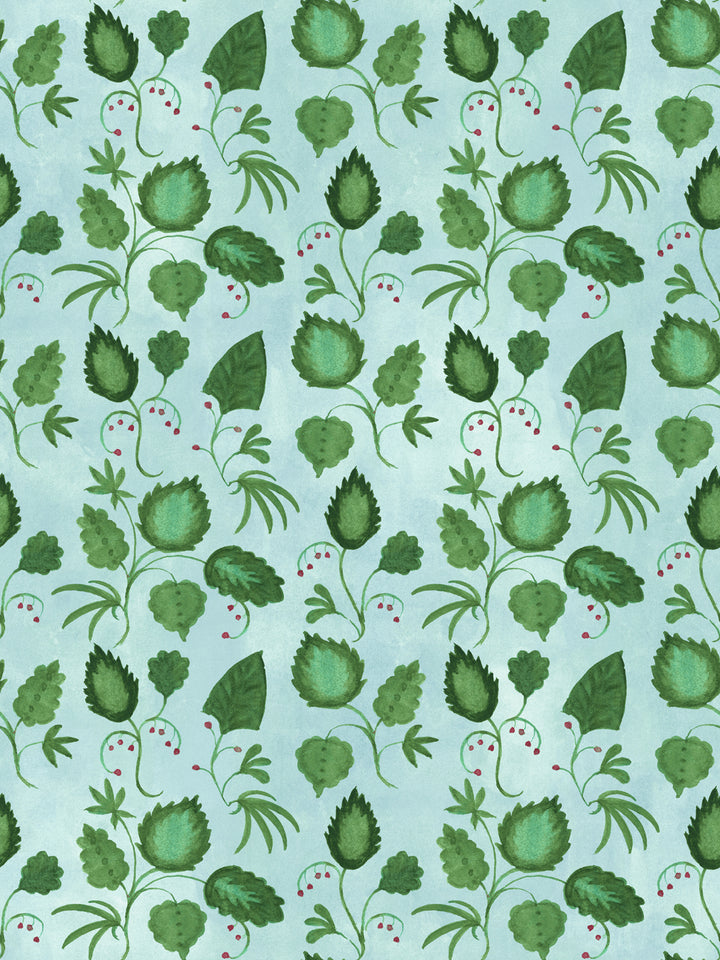 All-over greenery wallpaper with green leaves and red berry clusters on light background