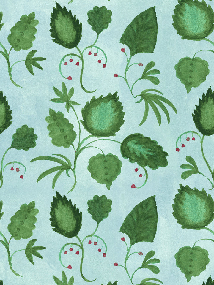 Botanical wallpaper pattern with green leaves and red berry clusters on light blue background