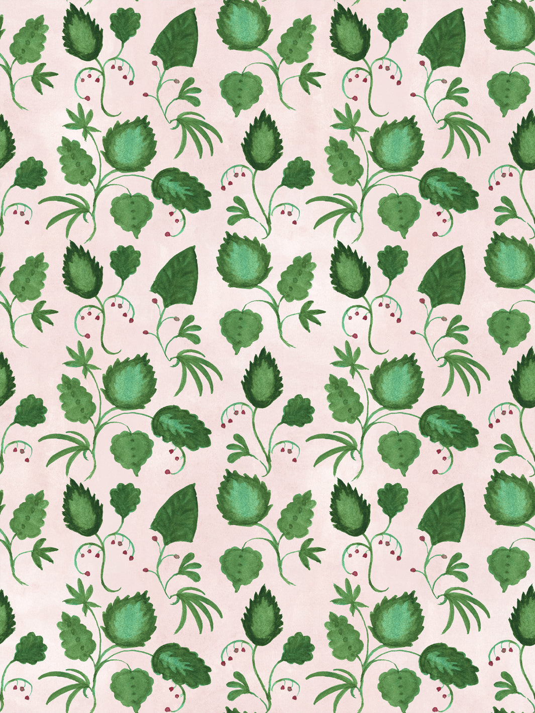 All-over leaf wallpaper with green botanicals on blush pink background.