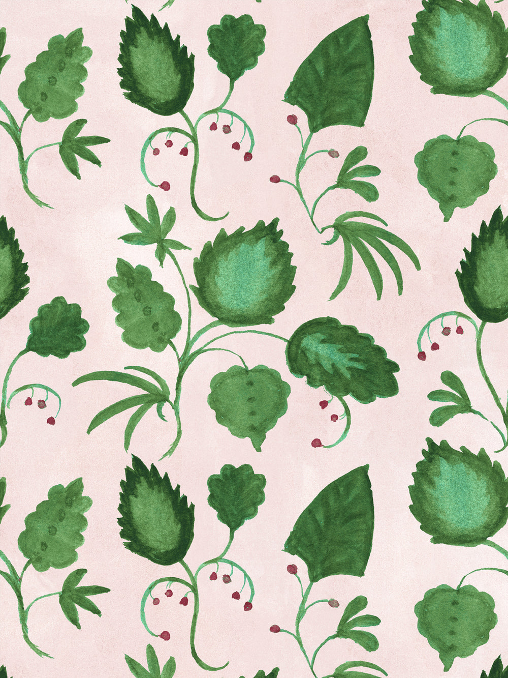 Botanical wallpaper pattern with green leaves and small berries on blush pink.