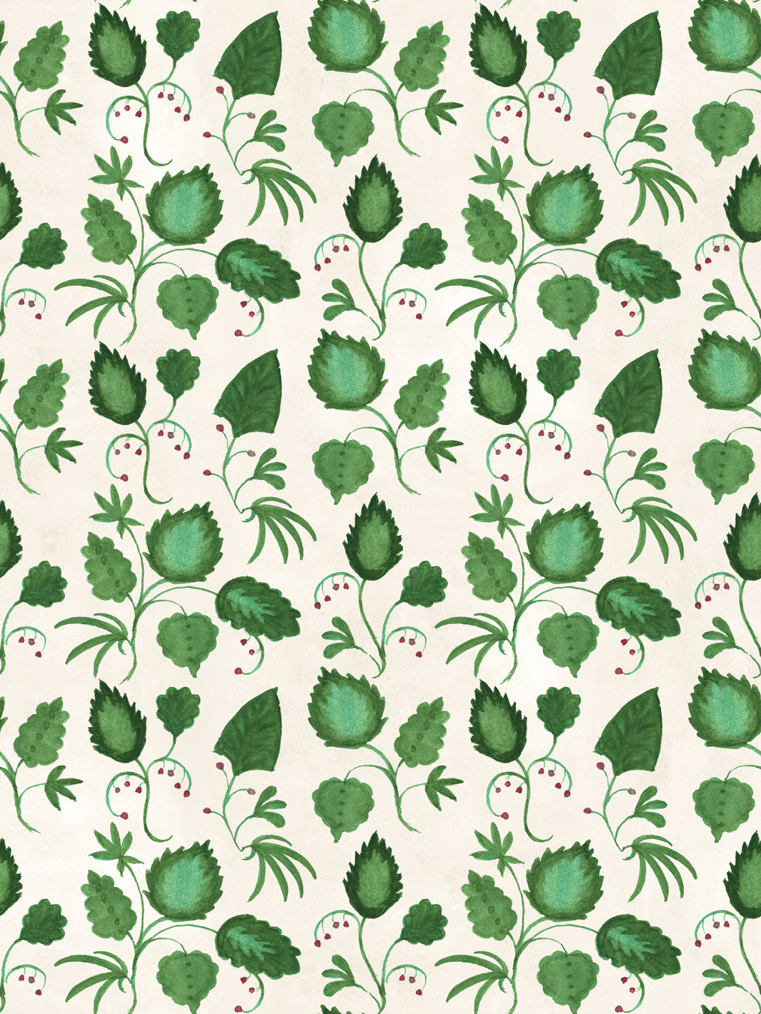 Ivory wallpaper with all-over green leaves and small red berry clusters pattern