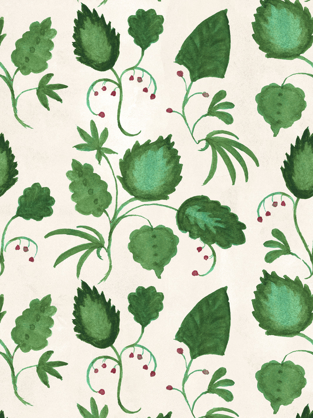Ivory wallpaper close-up with layered green foliage and red berry accents repeating