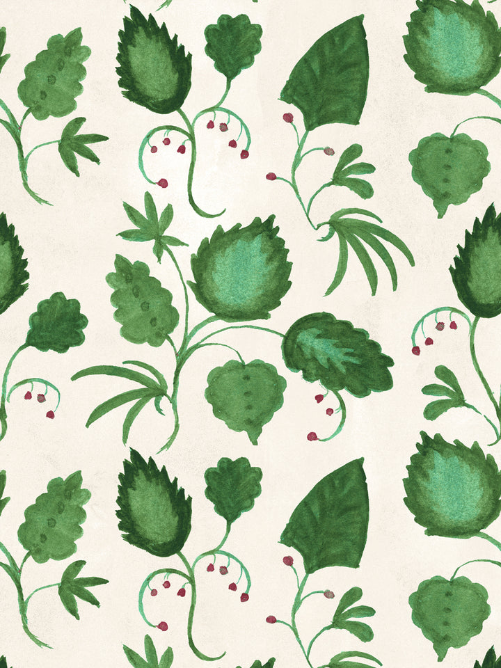 Ivory wallpaper close-up with layered green foliage and red berry accents repeating