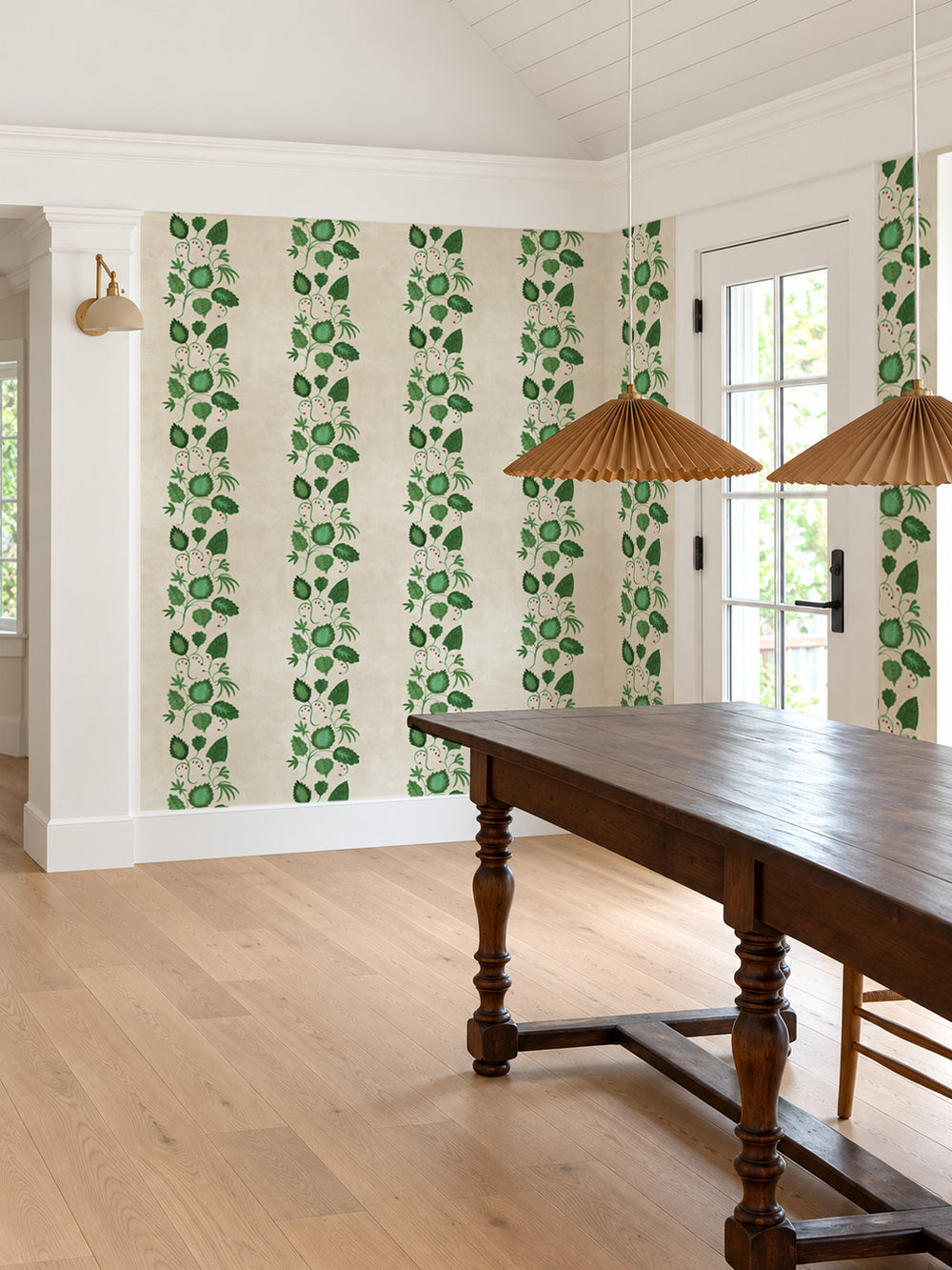 Botanical stripe wallpaper with green leaf medallions on parchment background