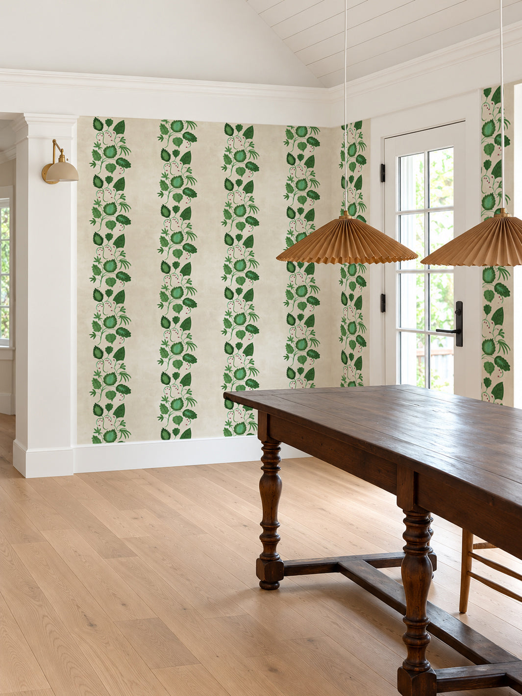 Botanical stripe wallpaper with green leaf medallions on parchment background