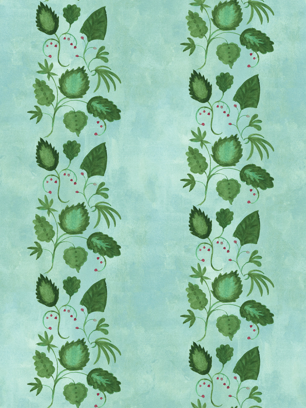 Botanical wallpaper with aqua background, green leaves, white berry motifs and vines