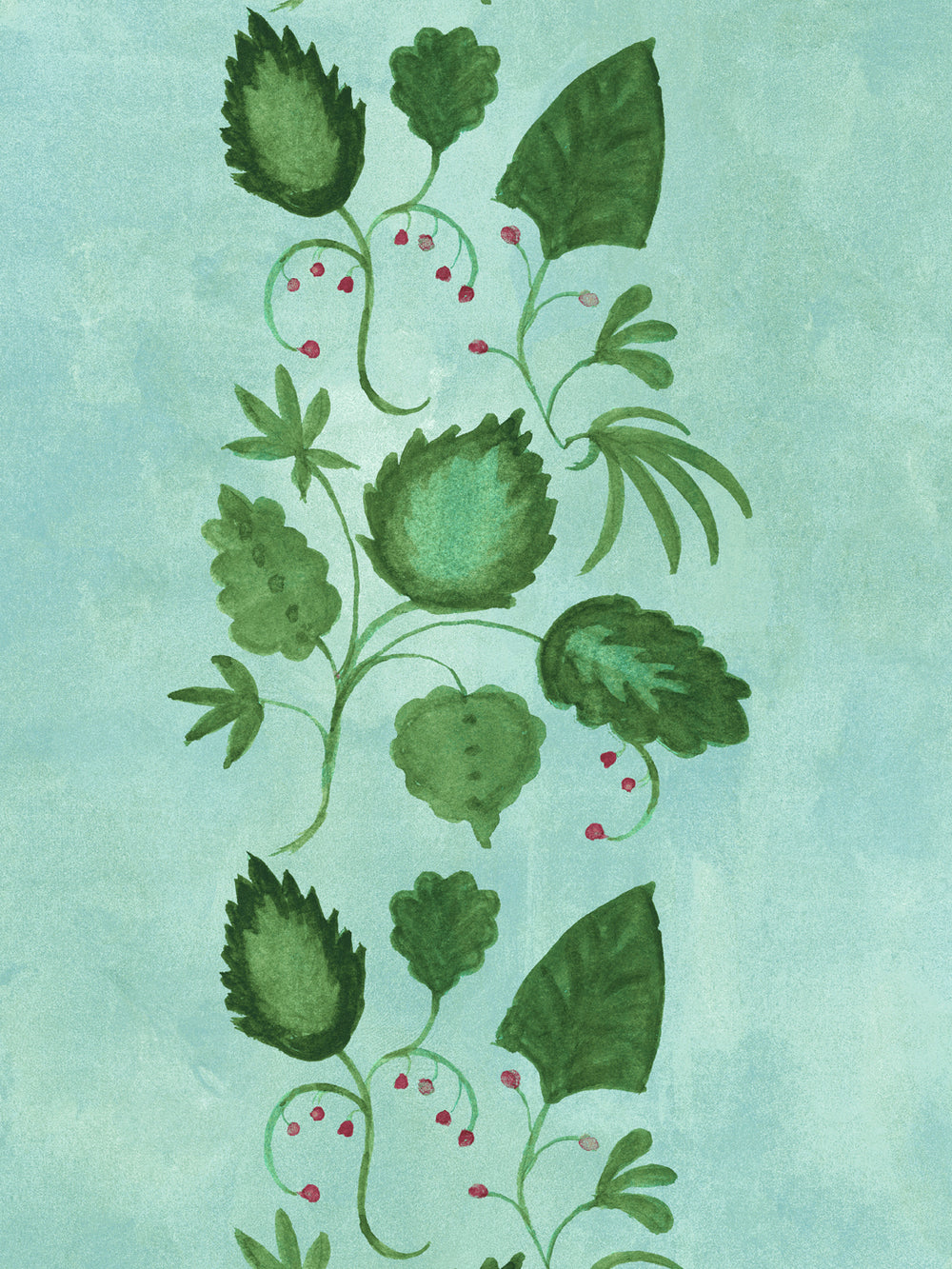 Botanical wallpaper close-up with green leaves and stems over aqua with white berry circles