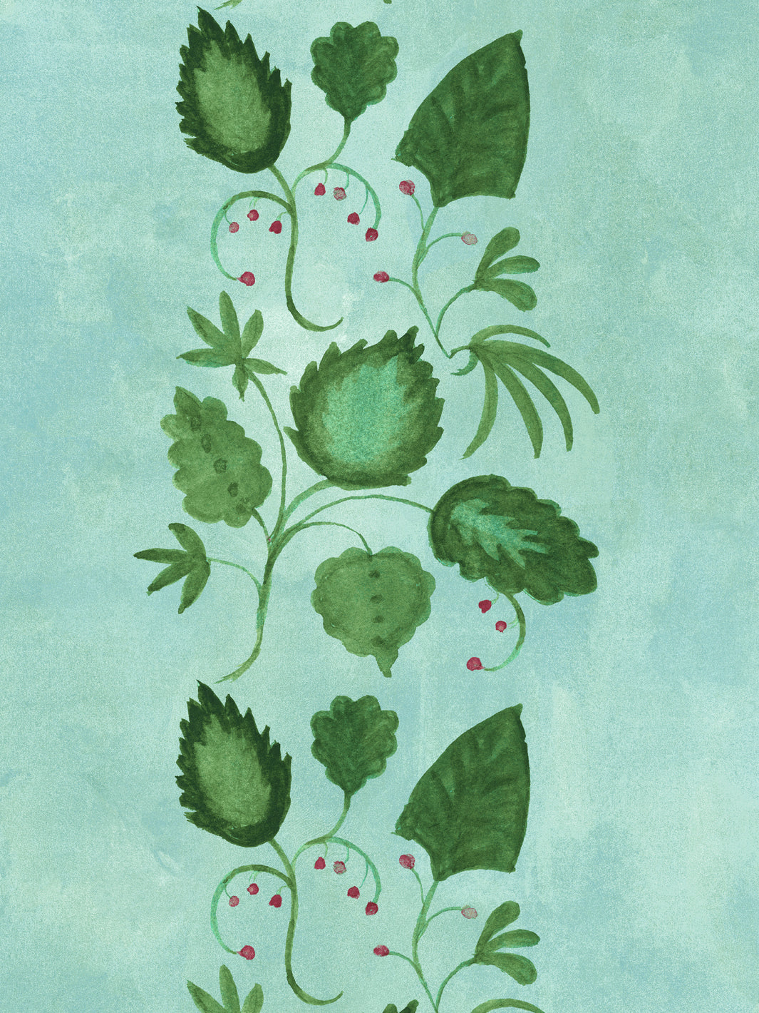 Botanical wallpaper close-up with green leaves and stems over aqua with white berry circles