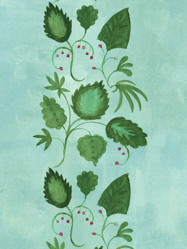 Botanical wallpaper close-up with green leaves and stems over aqua with white berry circles