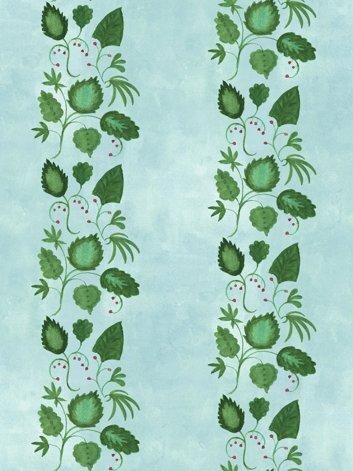 Blue wallpaper with vertical greenery stripes and white berry florals, green leaves