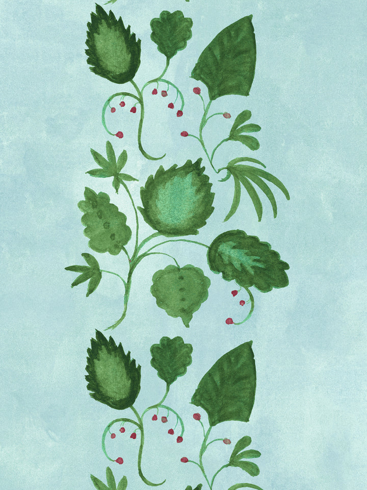 Blue wallpaper with close floral motif: white berries, green leaves, dotted stems