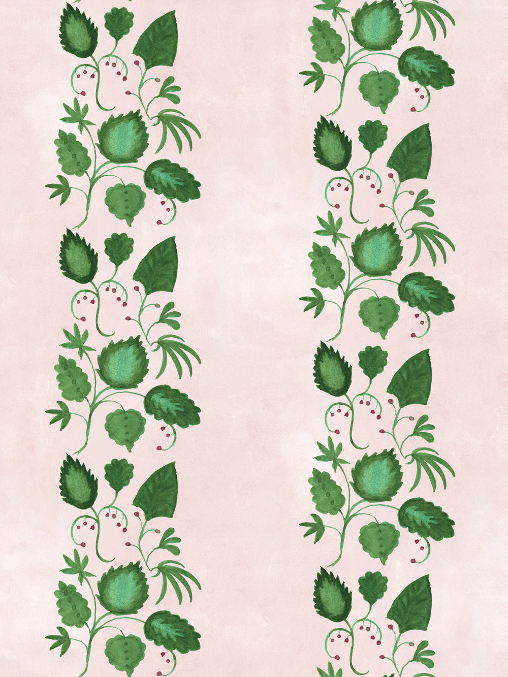 Botanical wallpaper with blush pink background and vertical greenery stripe vine pattern