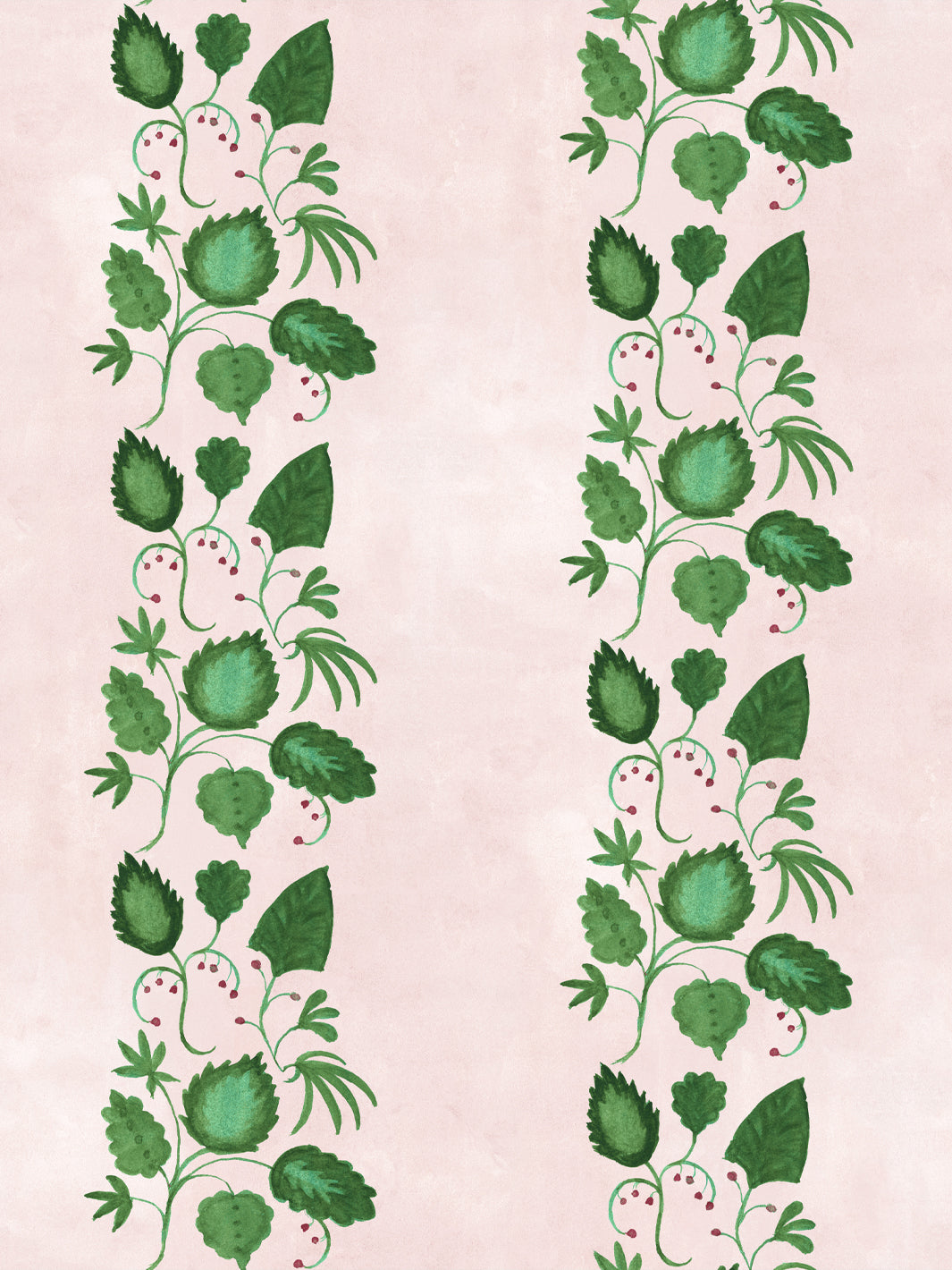 Botanical wallpaper with blush pink background and vertical greenery stripe vine pattern