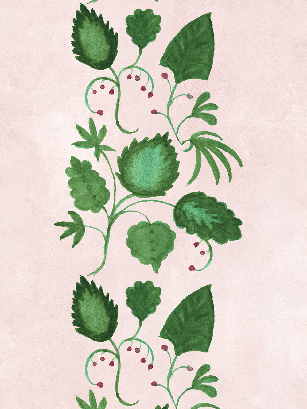 Close-up botanical wallpaper pattern: green leaves and berries on blush pink stripe