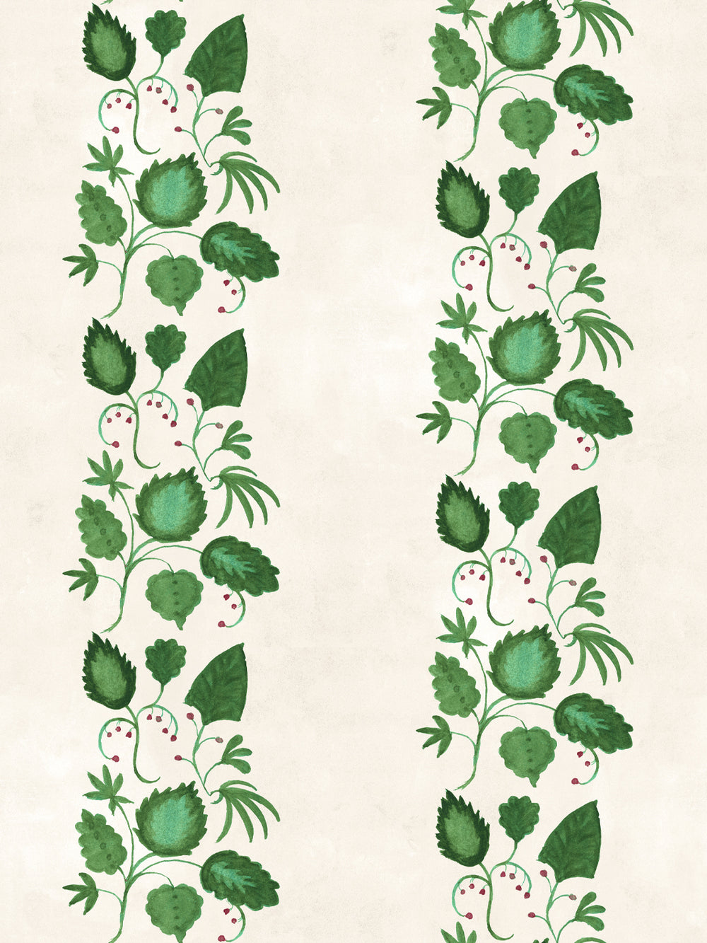 Ivory wallpaper with green and white vine leaves and floral stripe pattern.