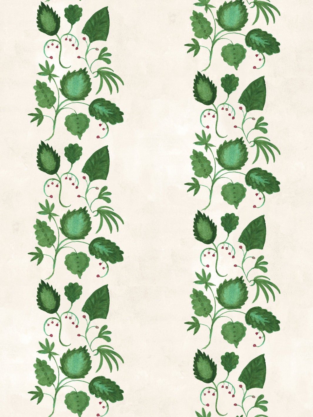 Ivory wallpaper with green and white vine leaves and floral stripe pattern.
