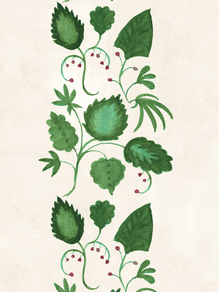Ivory wallpaper panel with green foliage and small red berries on vines.