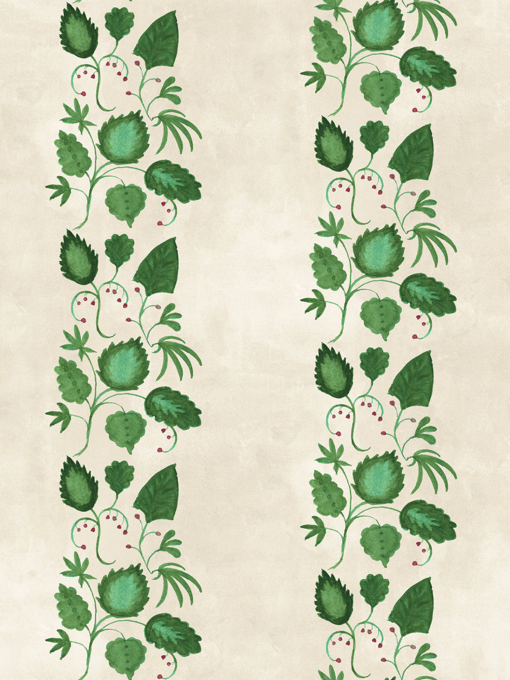 Botanical wallpaper with vertical green stripe of leaves and pears on parchment background