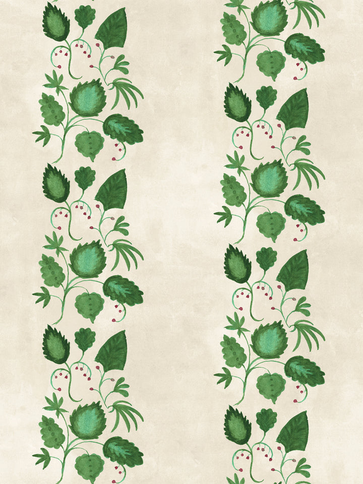 Botanical wallpaper with vertical green stripe of leaves and pears on parchment background