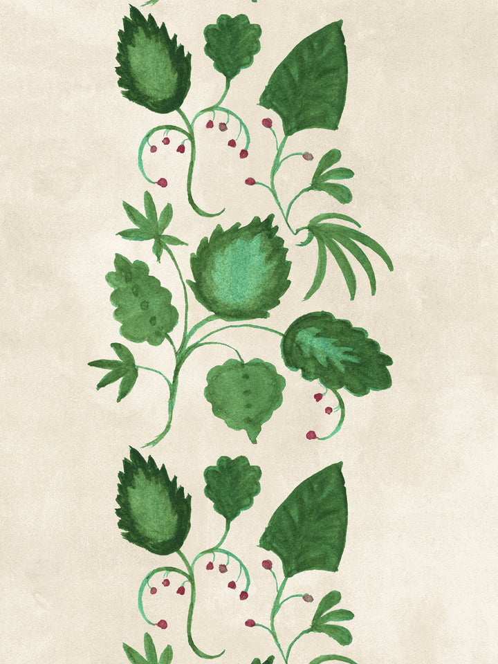 Botanical wallpaper close-up: green leaves and pears with red dots on parchment