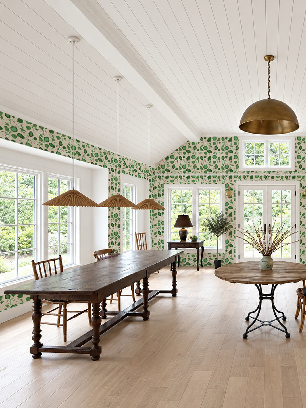 Green all-over greenery pattern wallpaper on parchment backing, for walls
