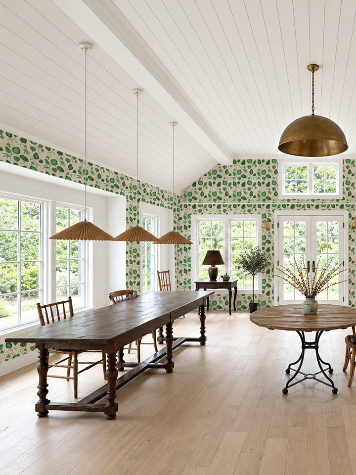Green all-over greenery pattern wallpaper on parchment backing, for walls