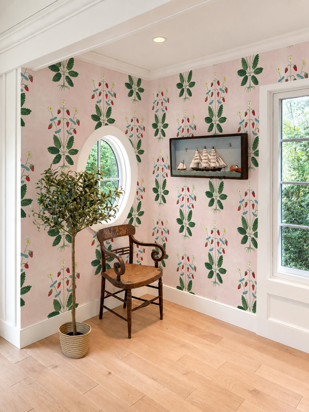 Blush floral wallpaper with green leaf and strawberry motif, decorative pattern on wall
