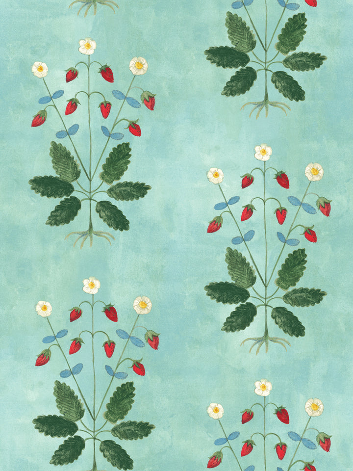 Aqua blue strawberry wallpaper with scattered red berries, white flowers, and green leaves